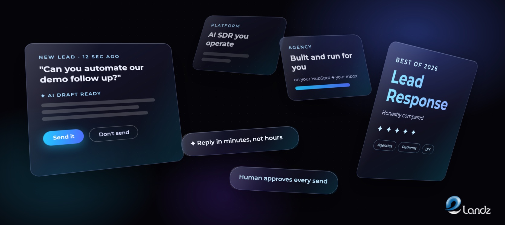 Glass UI cards comparing AI lead response options for B2B in 2026: an AI drafted reply with human approval buttons, agency vs platform cards, and a best of 2026 badge